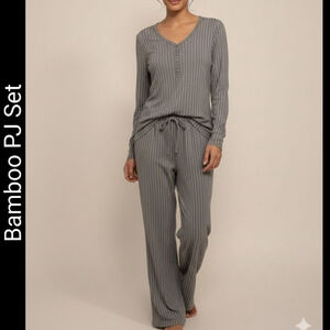 Women's Bamboo Forever French Green White Striped PJ Set XS Pajamas loungewear